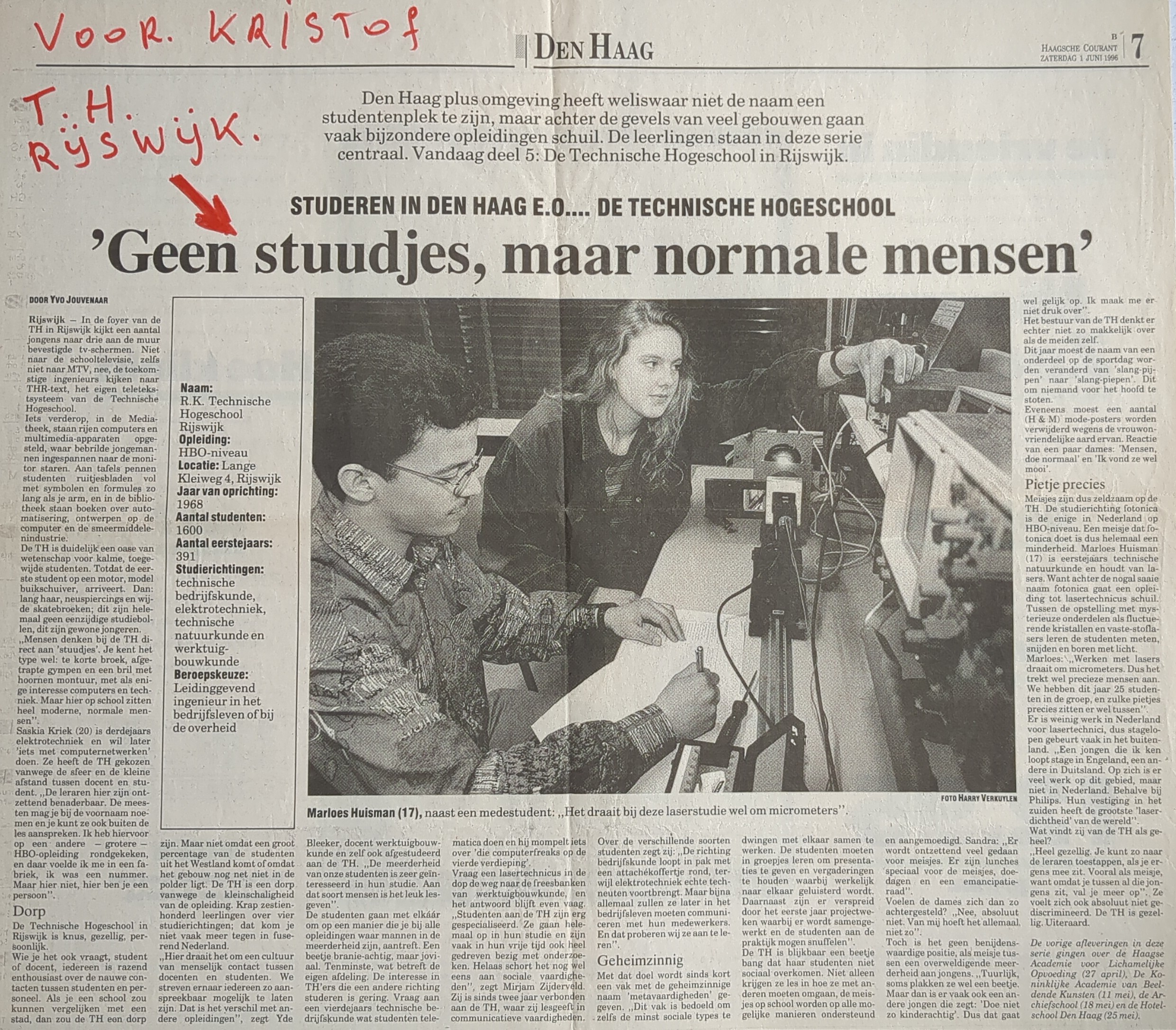 Krantenartikel Haagse Courant 1 juni 1996